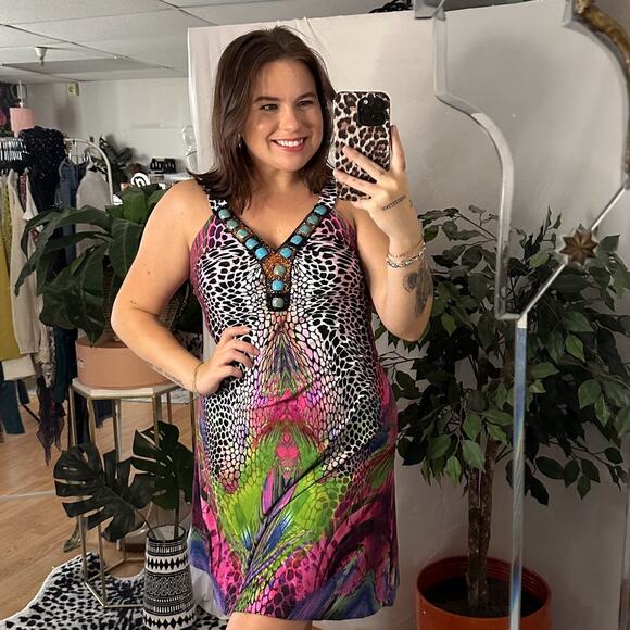 Vintage Dresses & Skirts - Y2k Vintage Beaded Mixed Print V-Neck Mini Dress Rainbow